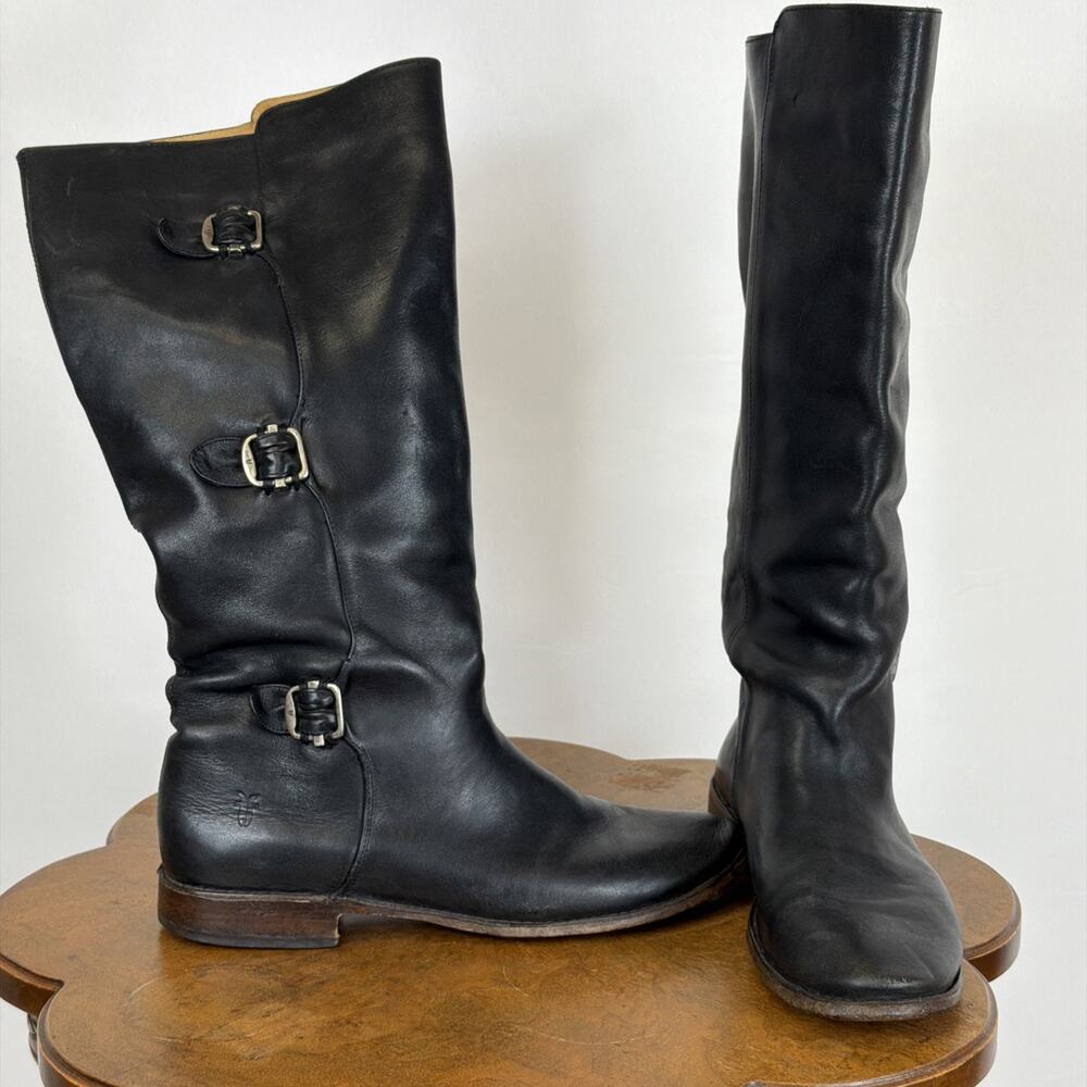 Frye Black Leather Tall Riding Boots Side Buckle Detail Women's 10 Mexico 77066